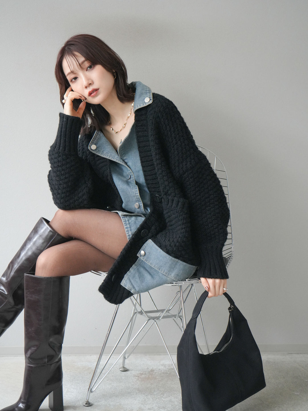 [予約]デニム襟レイヤードニットジャケット/black