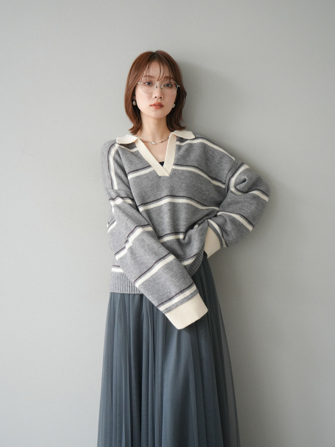 [SET]ポロ襟スキッパーボーダーニットプルオーバー+チュールボリュームスカート(2set)