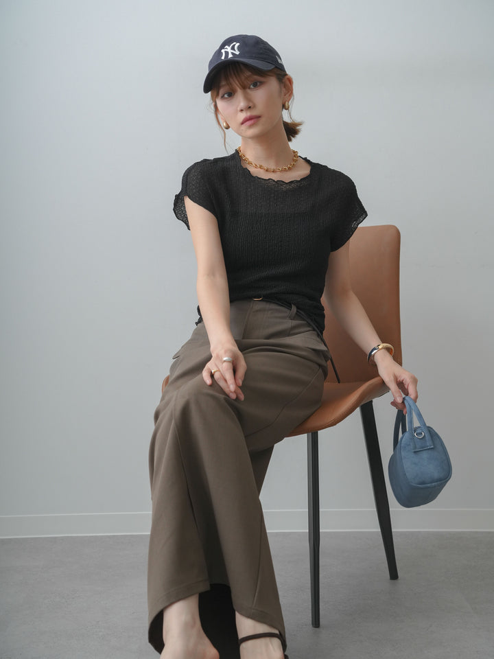 [SET]シャーリングシアーバックオープンフレンチトップス+クレープデシンフラップ付きストレートスカート(2set)