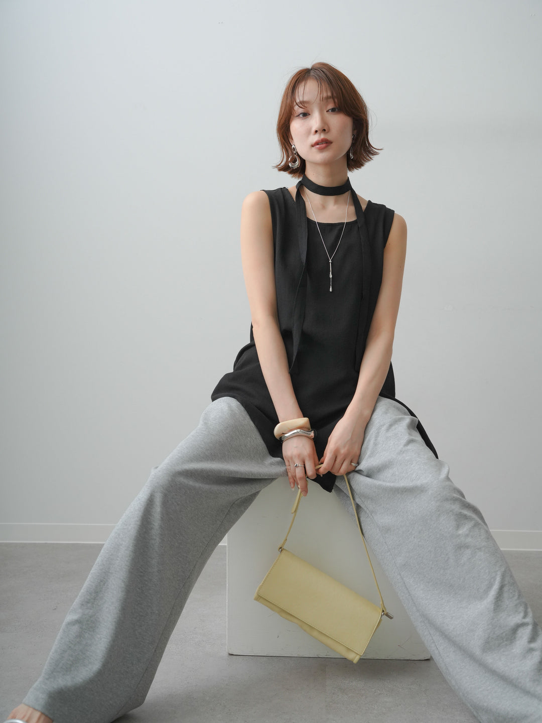 [SET]タイ付アシメヘムノースリトップス+リラックスドレープスウェットパンツ(2set)