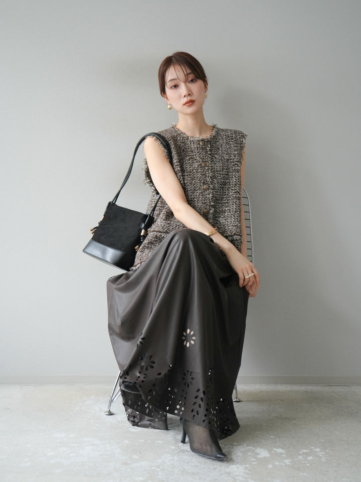 [予約]ミックスツイードフリンジニットベスト/ブラウン