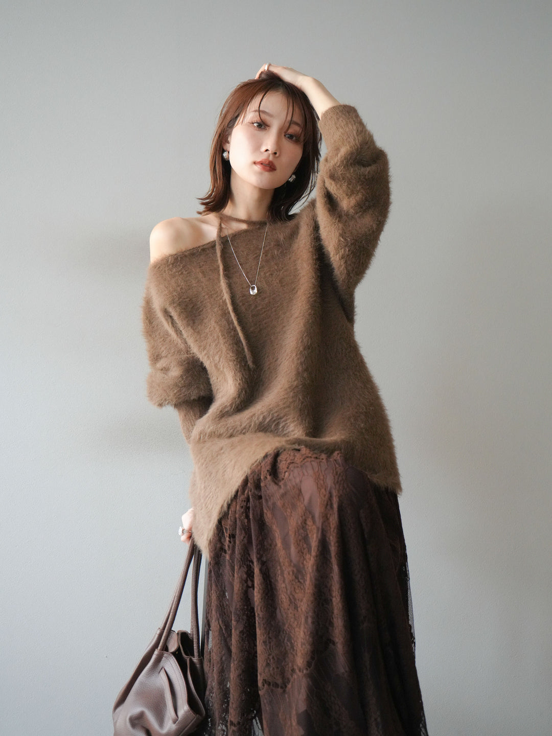 [予約]紐付きシャギーニットプルオーバー/camel