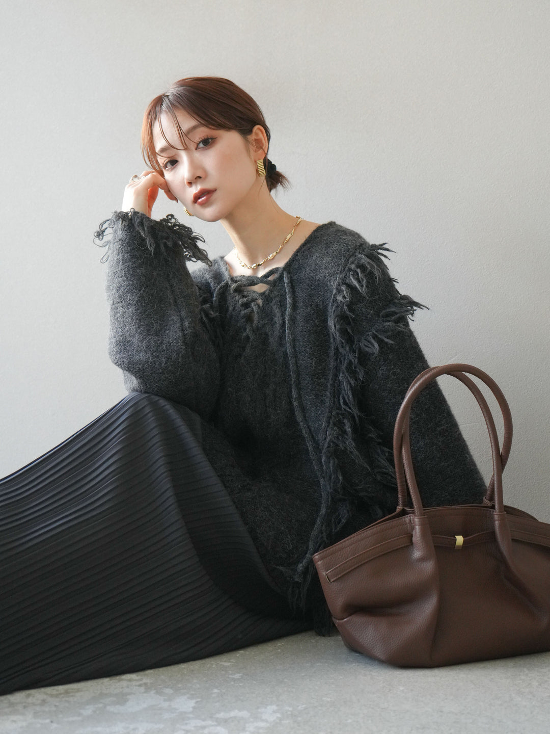 [予約]レースアップフリンジニットプルオーバー/gray