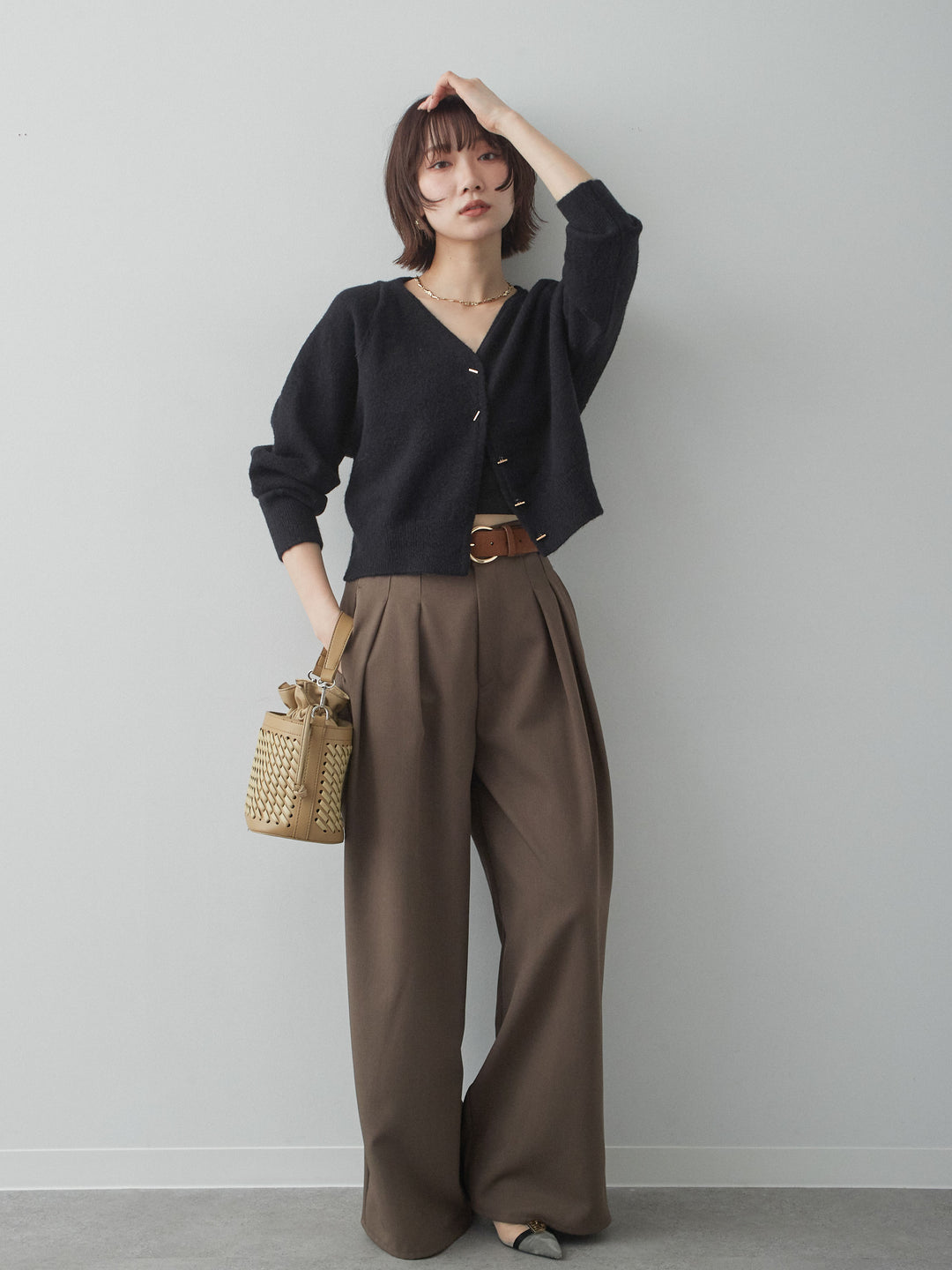[SET]ゴールドラインボタンカーディガン+クレープデシンタックワイドパンツ(2set)
