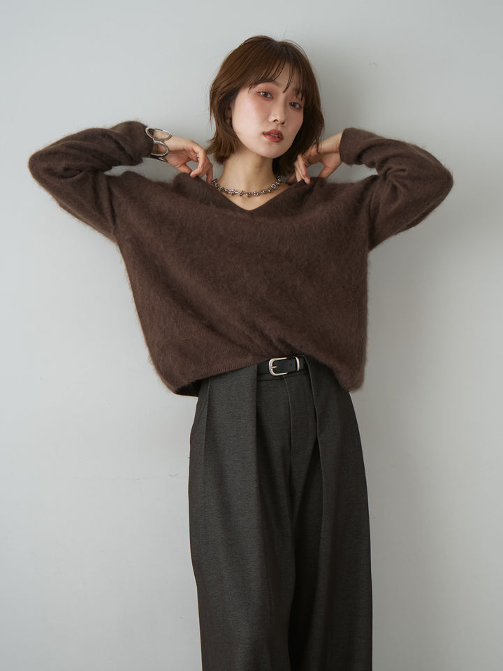 [SET]カシミア混フェザータッチVネックニットトップス+ニューベルトループワイドパンツ(2set)