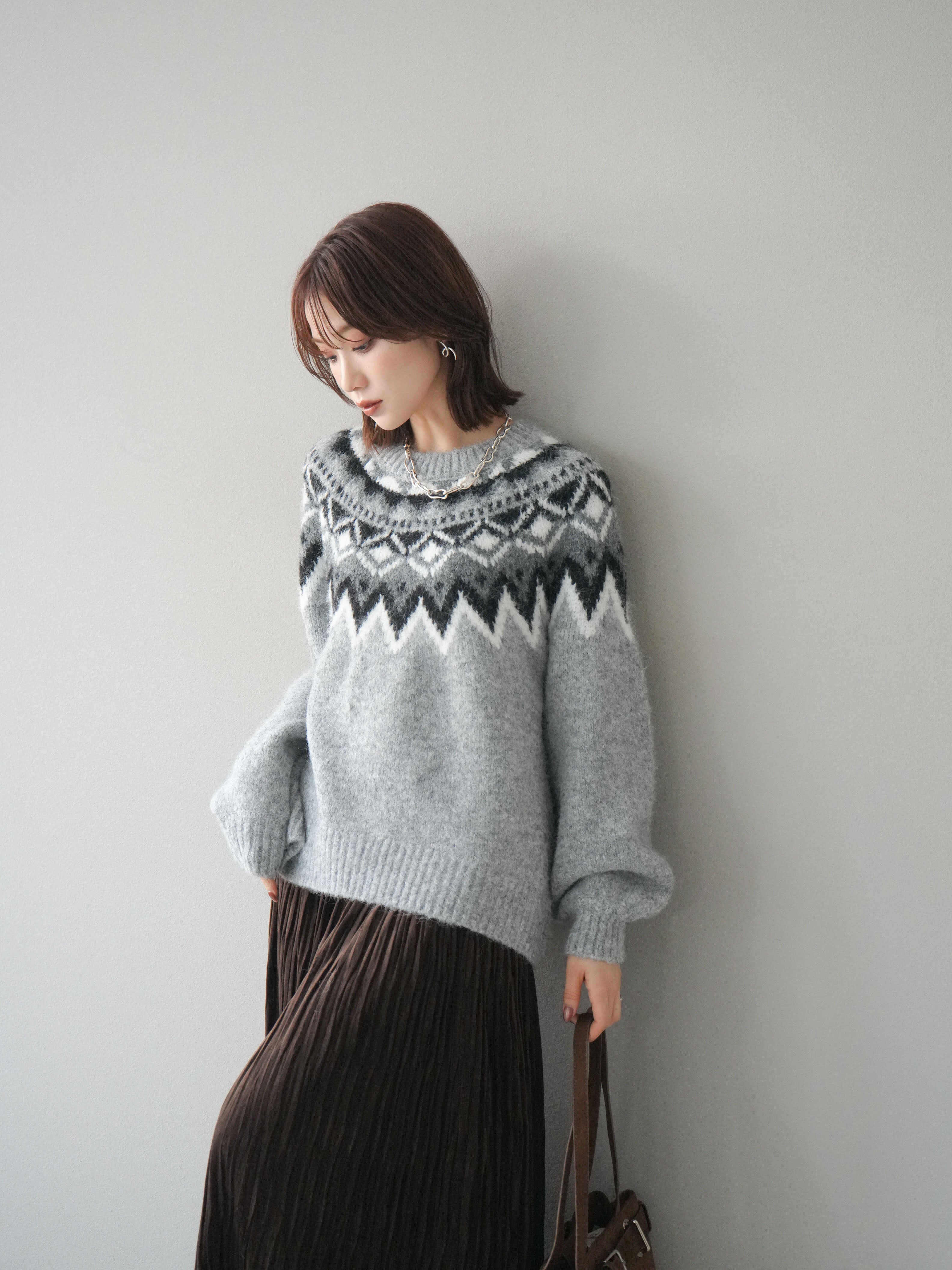 予約]求心柄オーバーニットプルオーバー/gray – Lumier