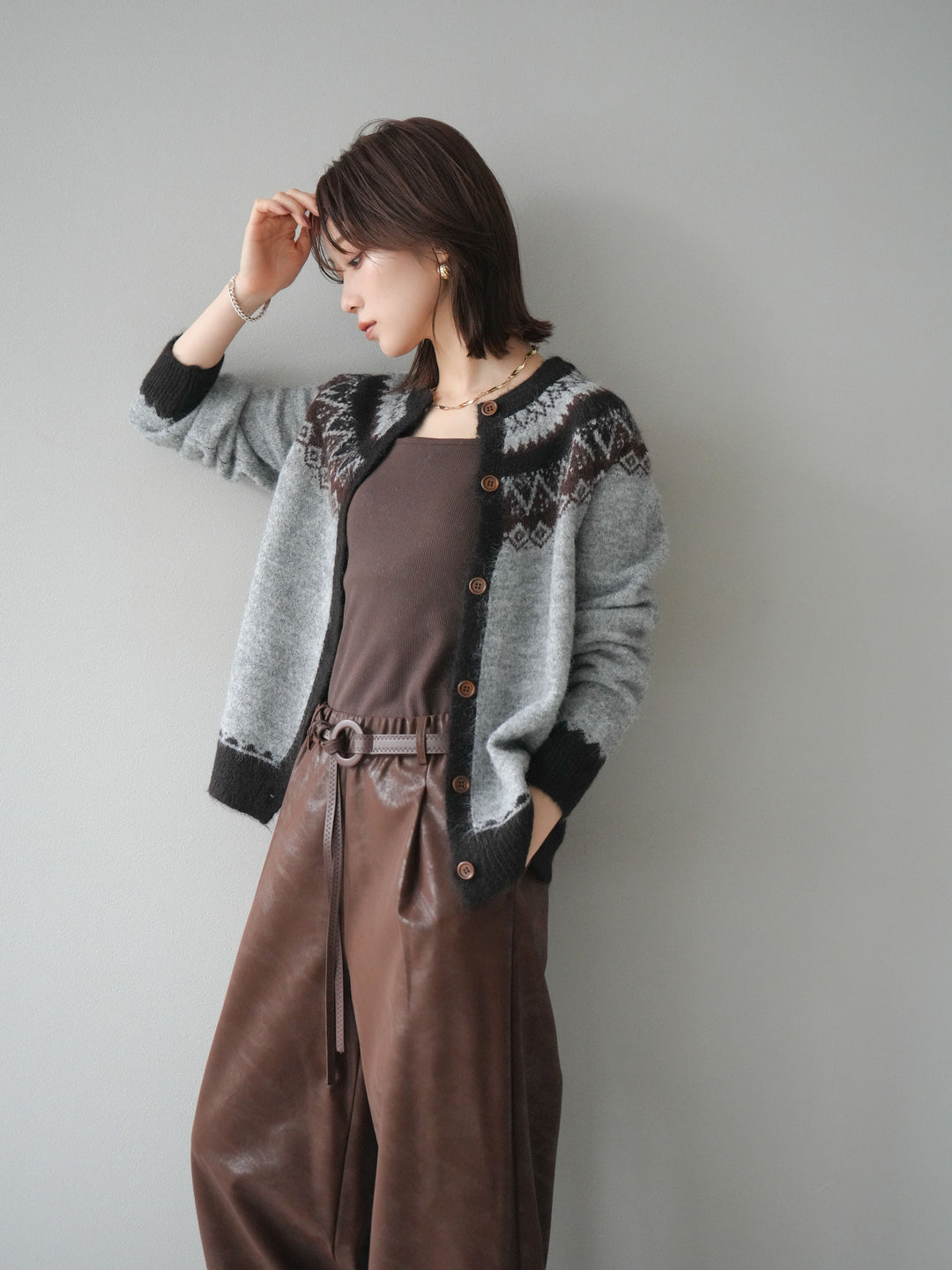 [予約]ノルディック柄ニットカーディガン/gray