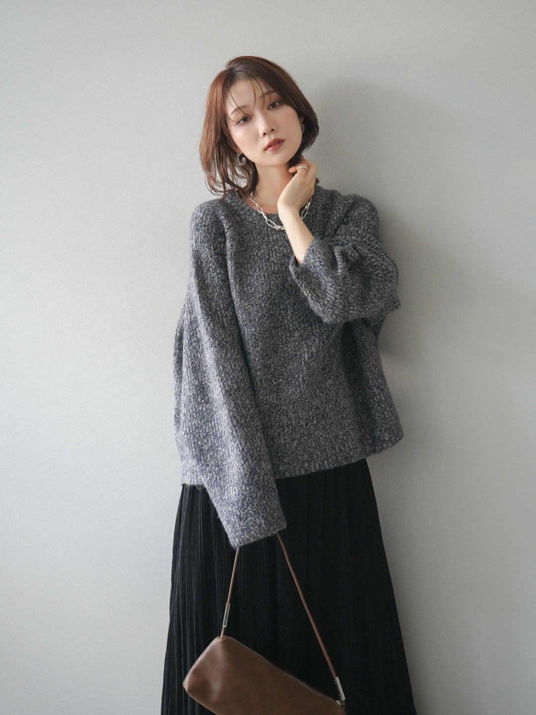 [予約]クルーネック畦編みミックスニット/navy