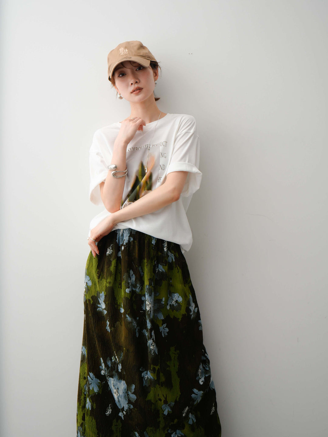 【着回しセット】フラワーフォトTEE+フラワープリントドレープタックパンツ+フラワープリントIラインギャザースカート(3set)
