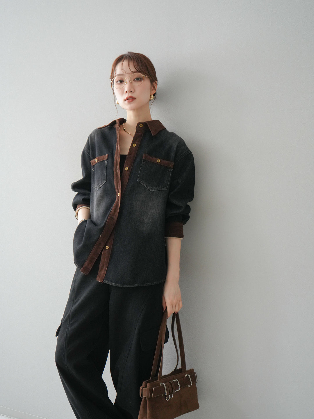 [予約]裏起毛コーデュロイ襟デニムシャツジャケット/black