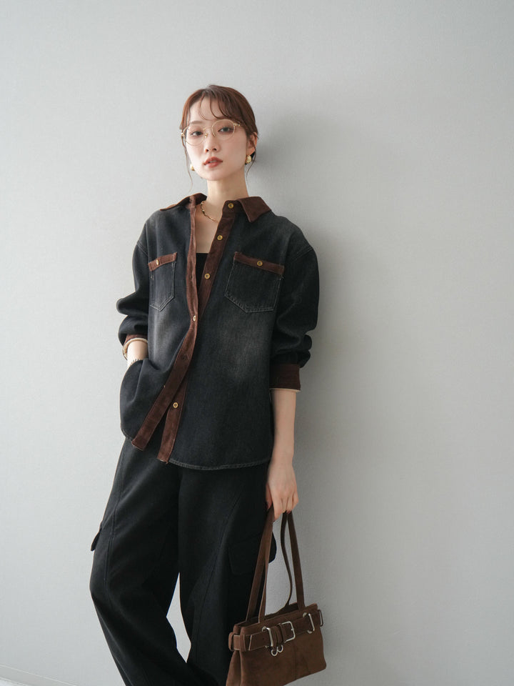 [予約]裏起毛コーデュロイ襟デニムシャツジャケット/black