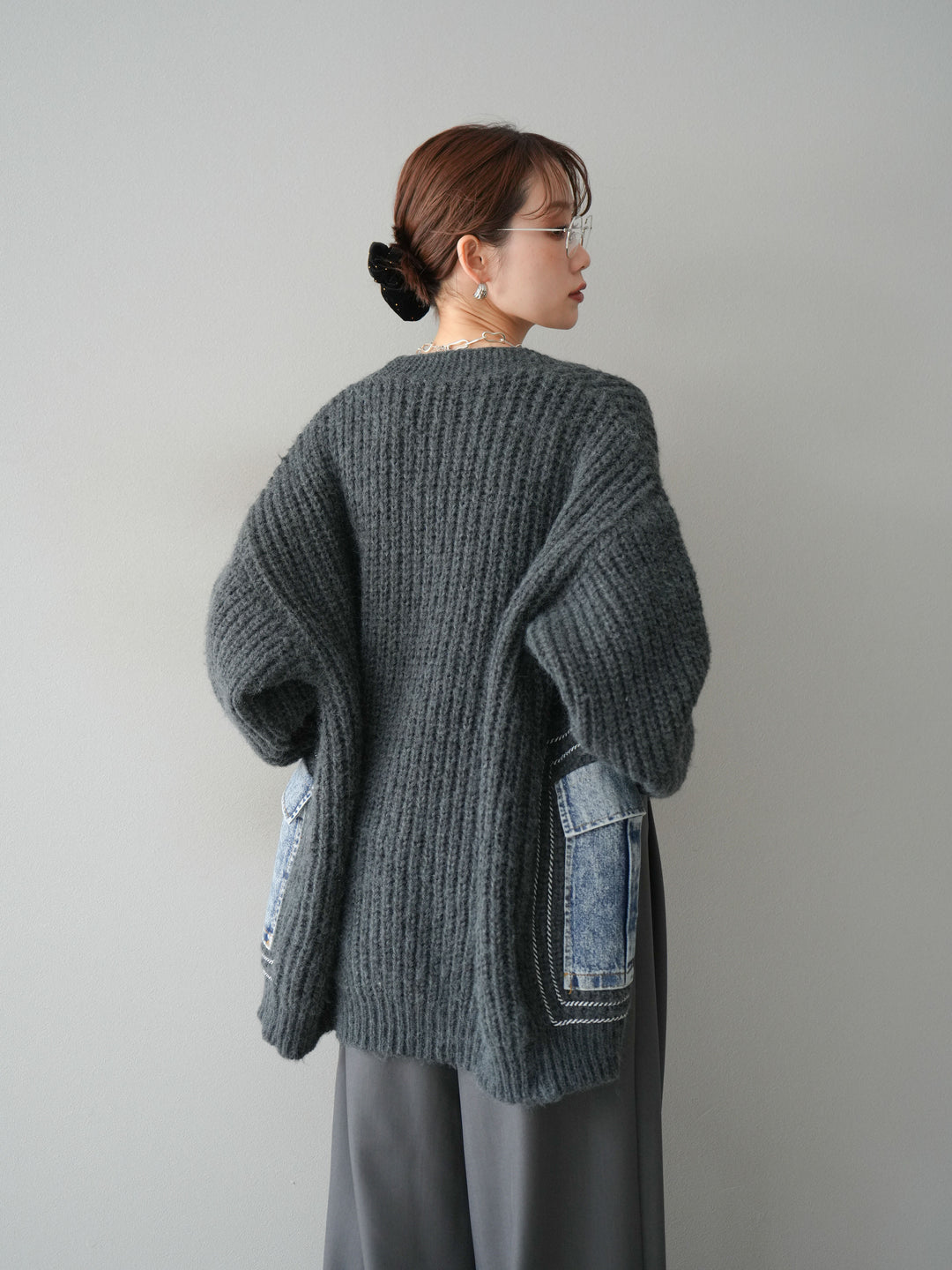 [予約]デニムポケットハンドステッチカーディガン/gray