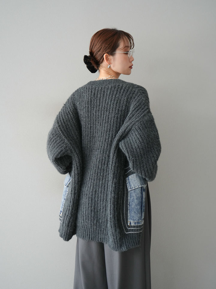 [予約]デニムポケットハンドステッチカーディガン/gray