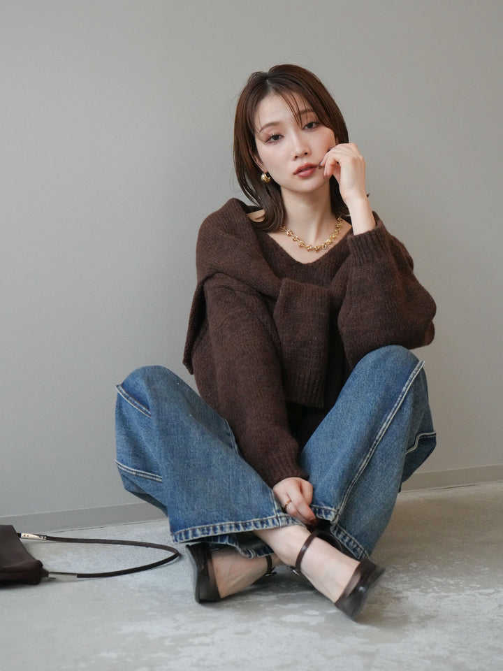 [予約]ストール付きVネックニットプルオーバー/brown