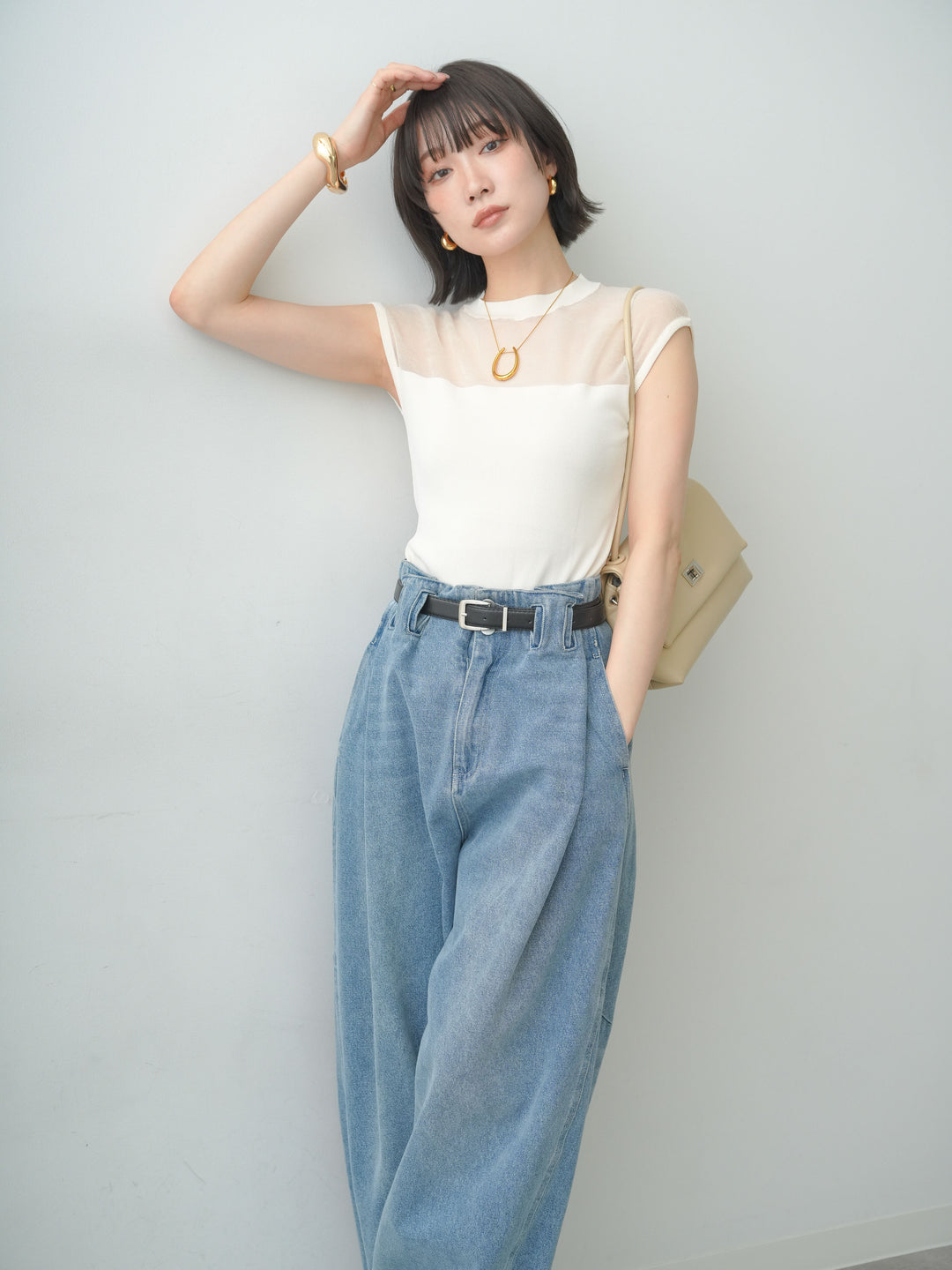 [予約]シアー切替ニットトップス/white