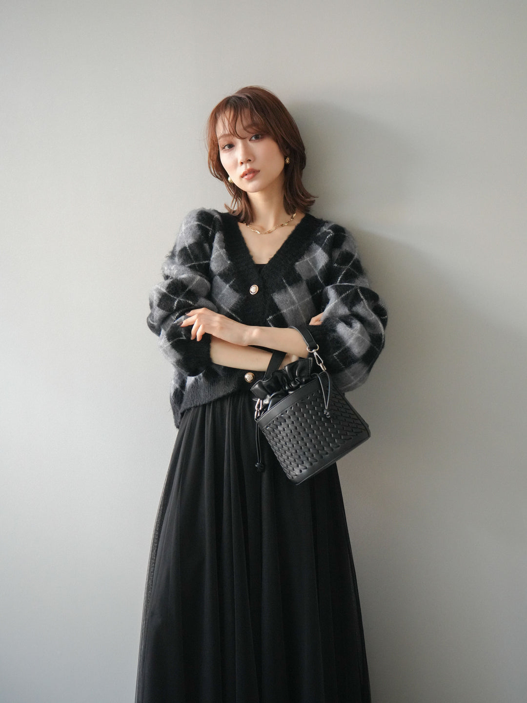 [予約]アーガイルシャギーニットカーディガン/gray