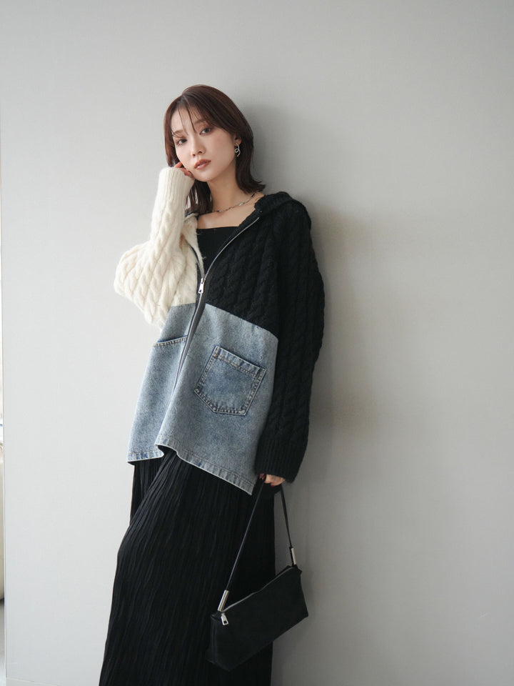 [予約]デニム×バイカラーニットZIPフーディ/black