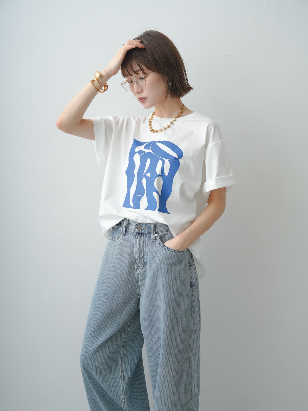 [SET]クールタッチアートロゴオーバーTEE+ニュアンスウォッシュカーブデニム(2set)