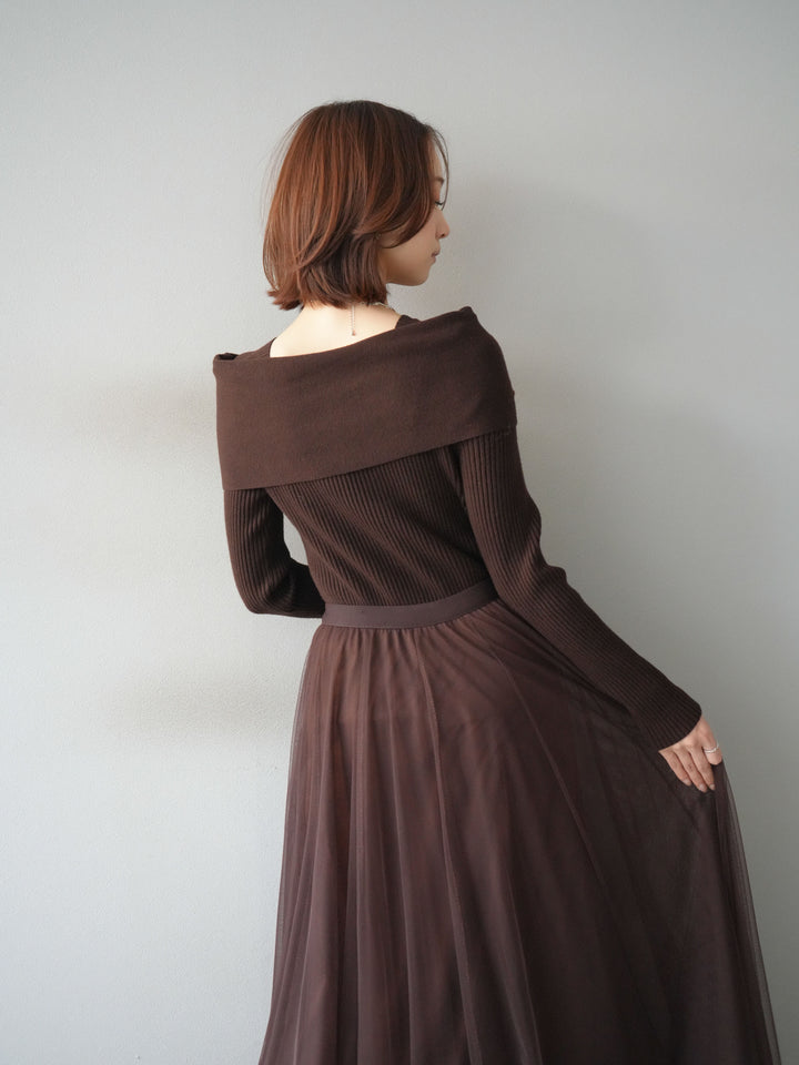[予約]リボンモチーフオフショルリブニットトップス/brown