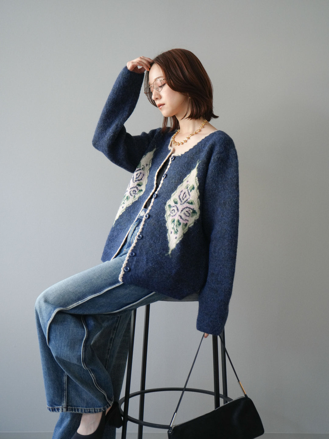 [予約]アンティークフラワージャガードニットカーディガン/navy