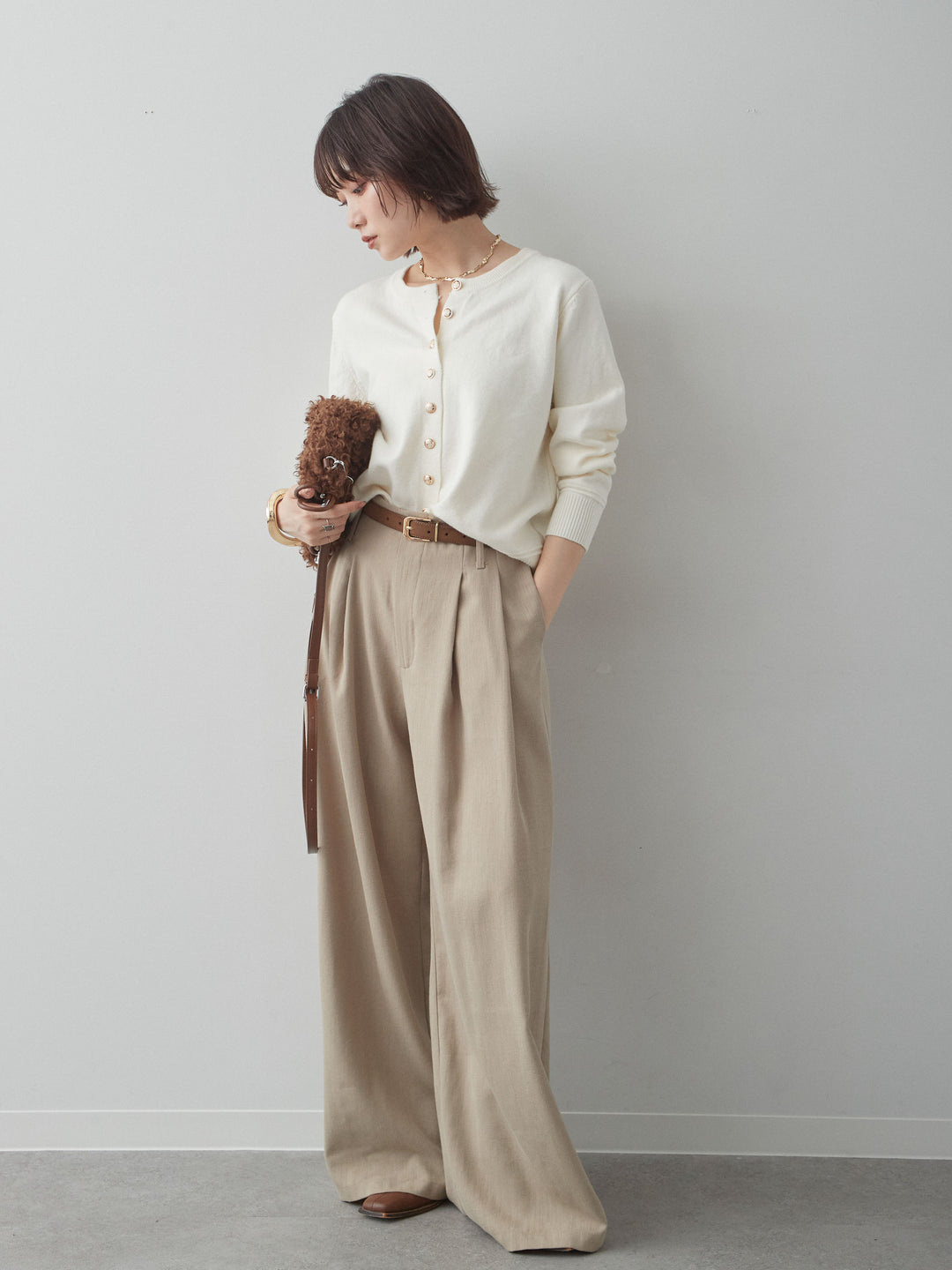 [SET]ゴールドボタンニットカーディガン+ショルダーチュールハイネックニットトップス(2set)