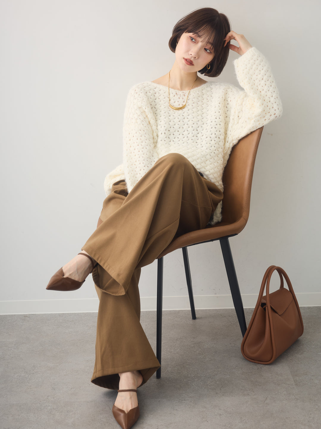 [SET]ニットベルト付ポップコーンプルオーバー+ダブルタックドレープストレートワイドパンツ(2set)