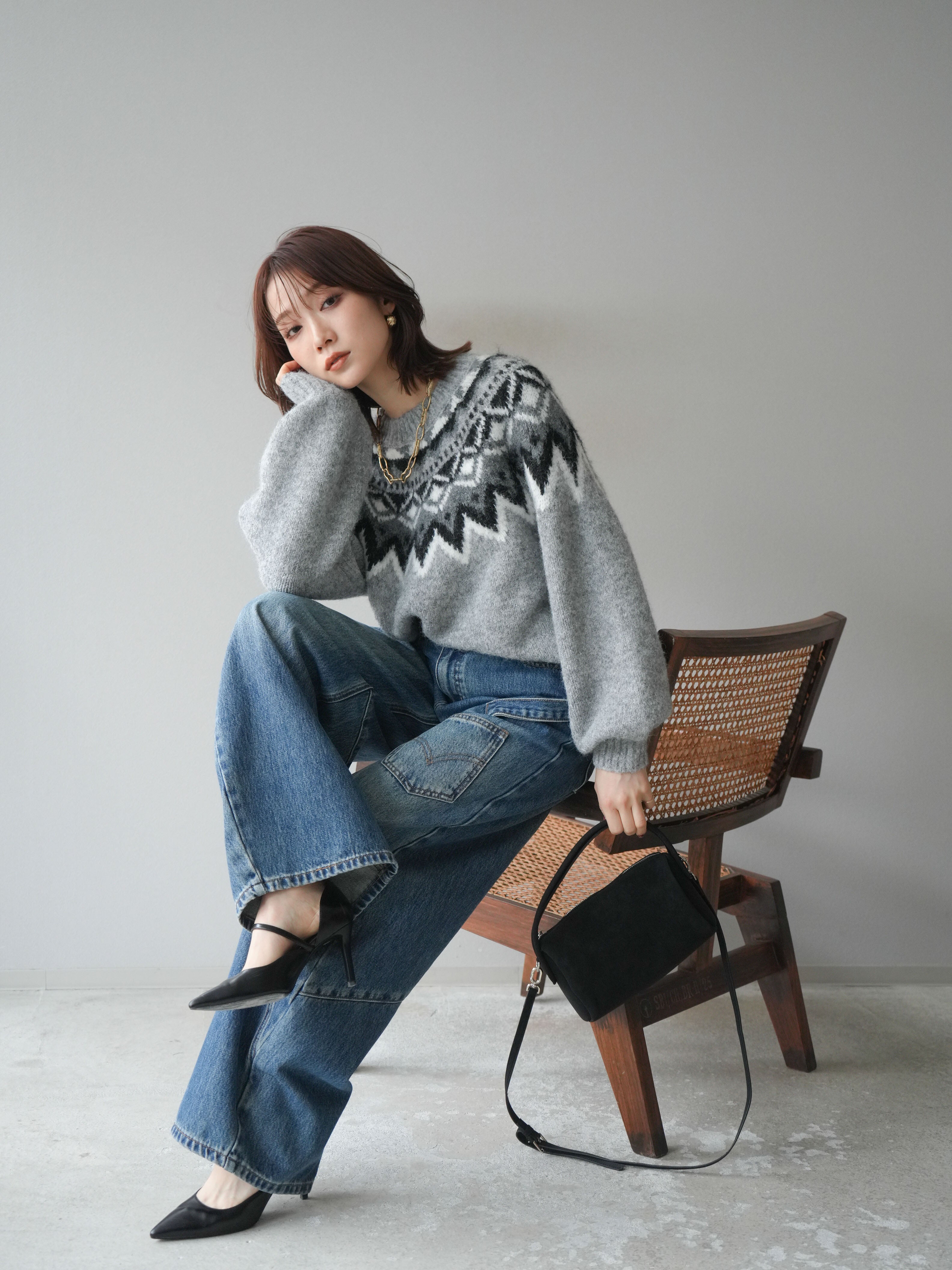 SET]求心柄オーバーニットプルオーバー+ペインターカーブデニムパンツ