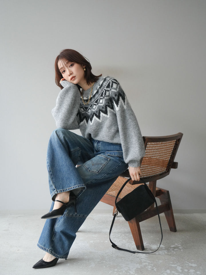 [SET]求心柄オーバーニットプルオーバー+ペインターカーブデニムパンツ(2set)