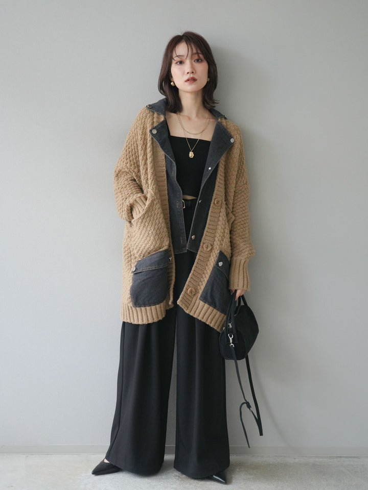 [SET]デニム襟レイヤードニットジャケット+ベルトループデザインワイドパンツ(2set)