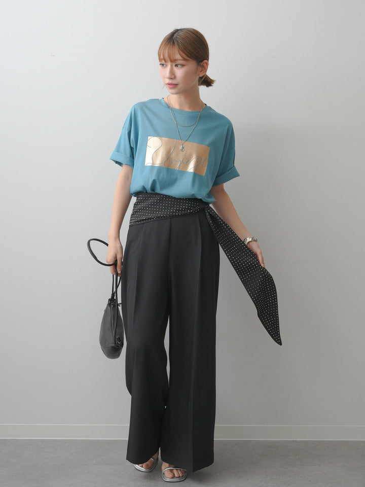 [SET]箔プリントボックスTEE+ビジューベルトタックワイドパンツ(2set)