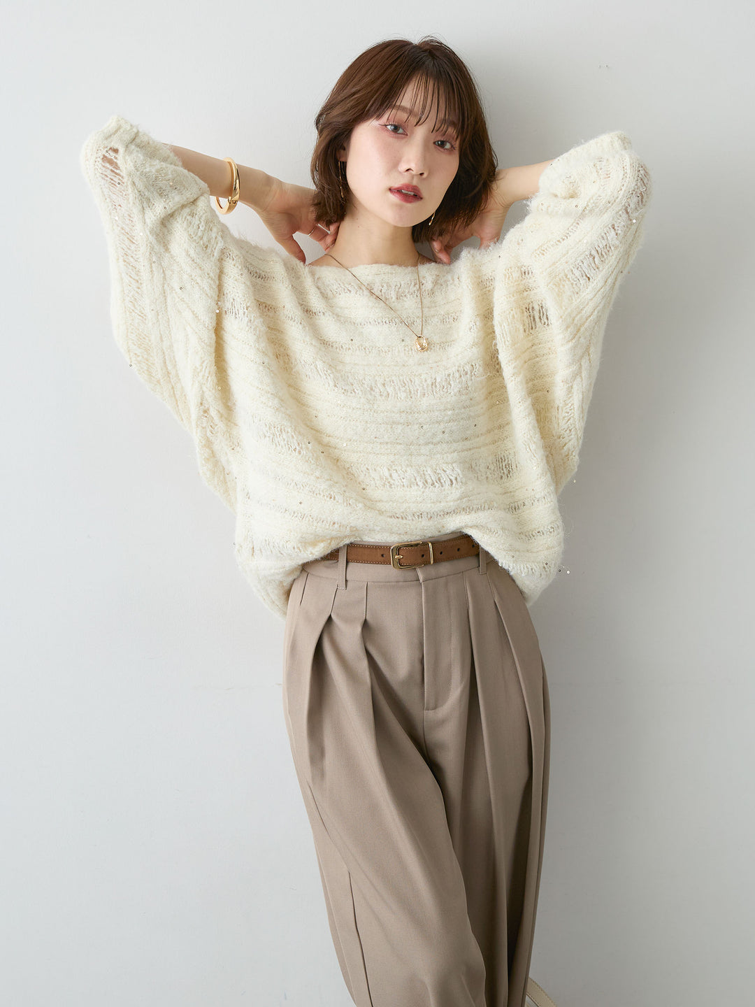 [SET]ミックス透かし編ワイドネックニットトップス+ツイルタックワイドパンツ(2set)