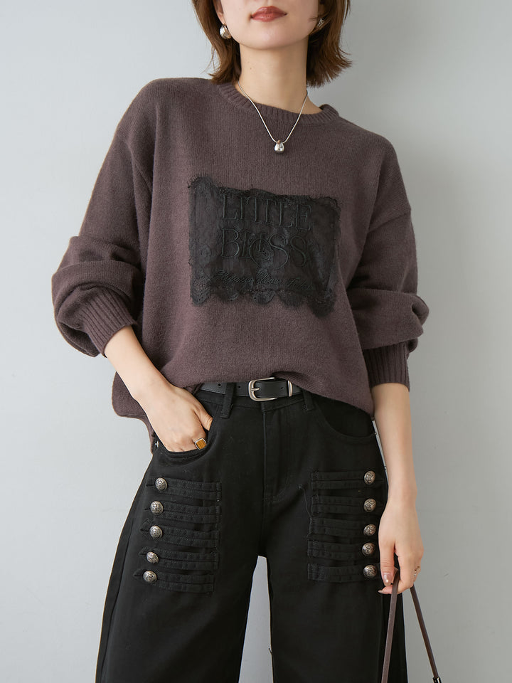 [予約]アルパカタッチ刺繍レースロゴニットプルオーバー/brown