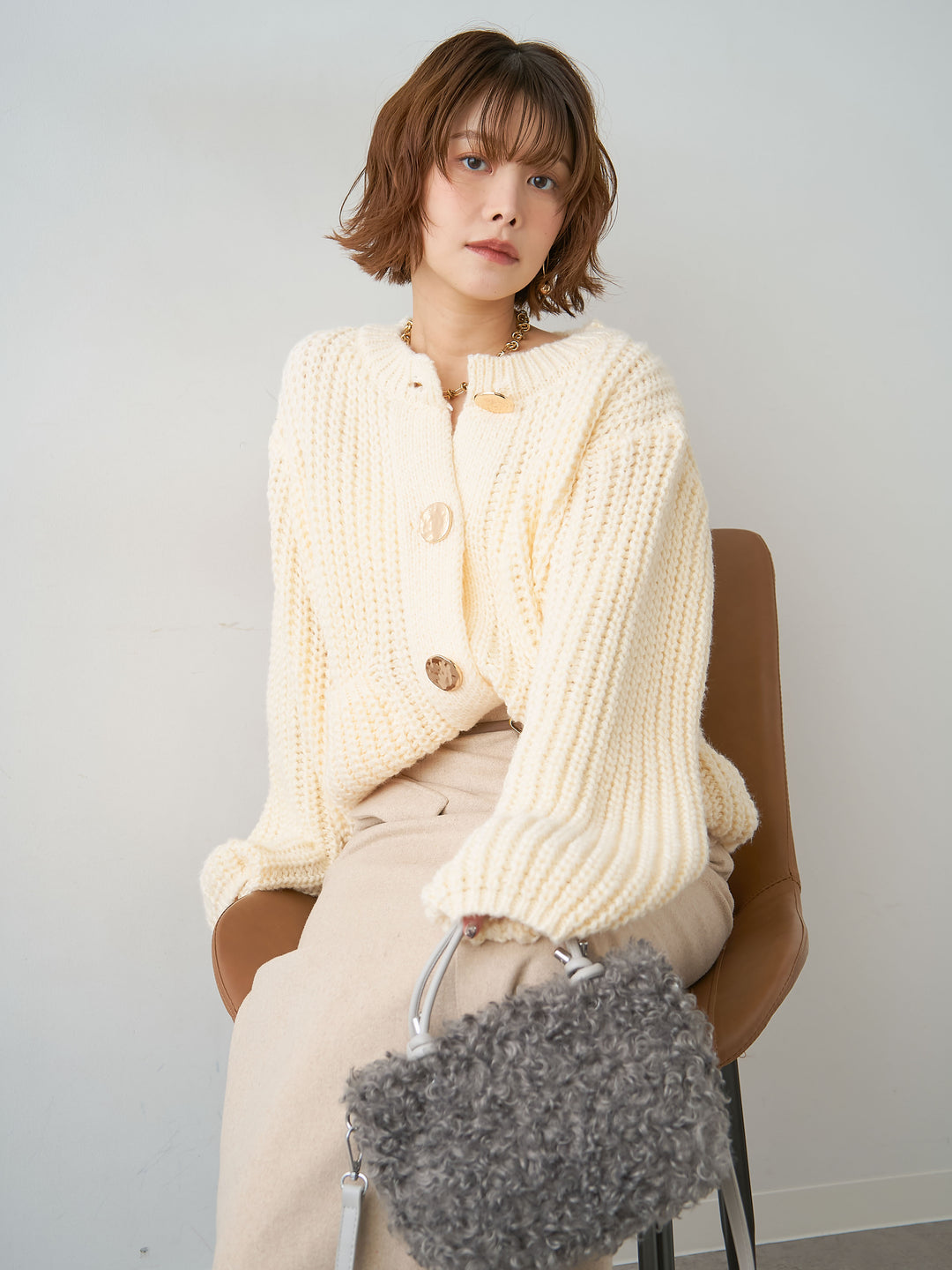 [SET]ビッグゴールドボタンリブニットカーディガン+メルトンフラップ付ストレートスカート(2set)