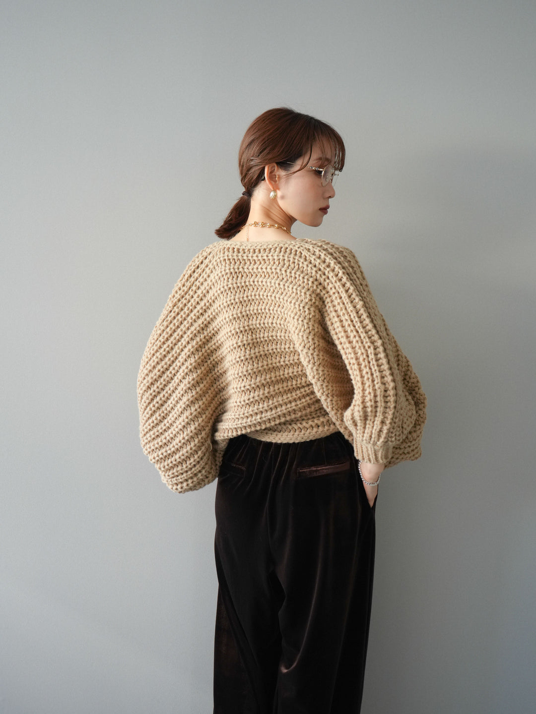 [予約]ローゲージ畦編みドルマンニットボレロ/beige