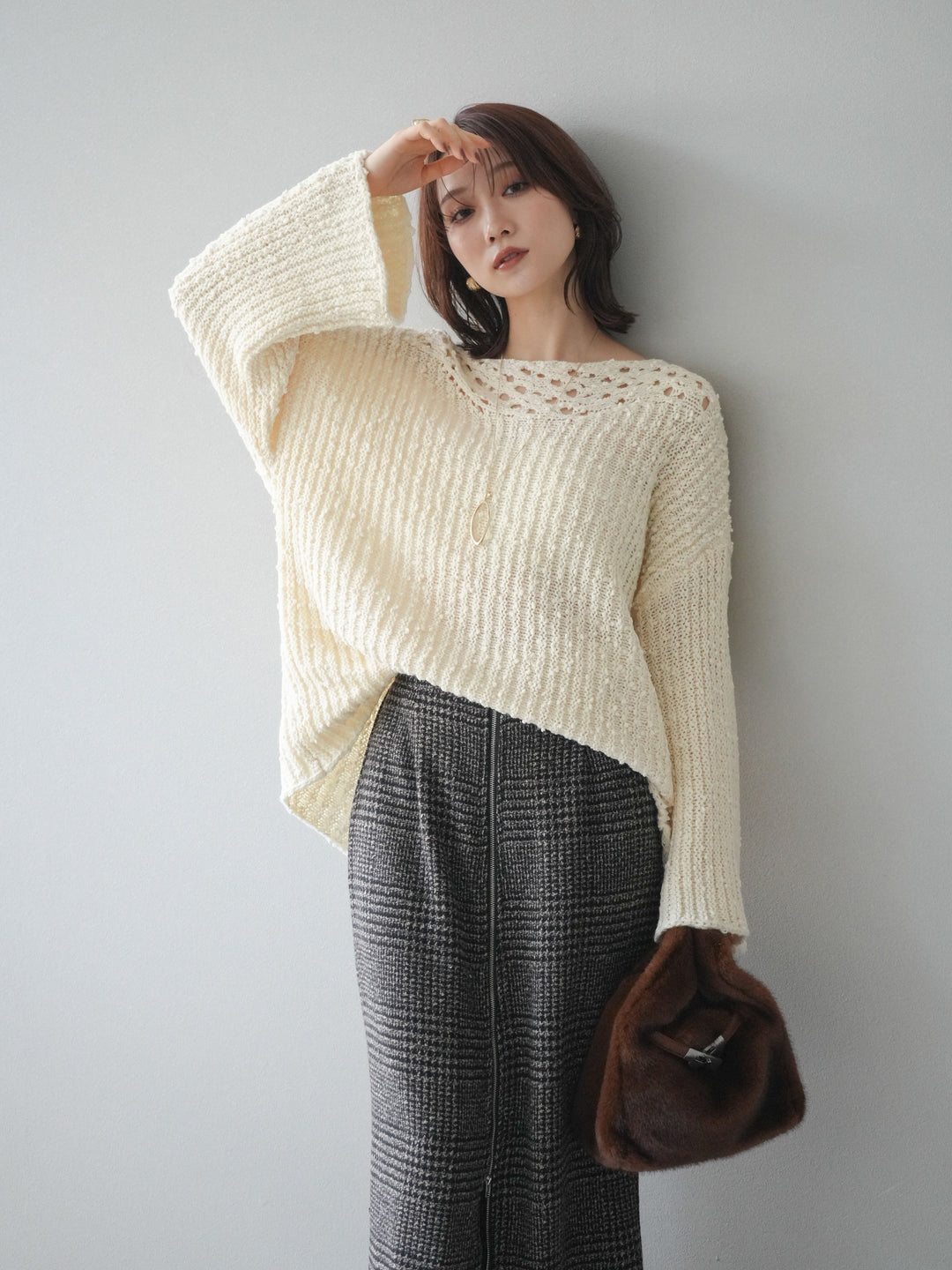 [予約]ボートネック透かし編みニットプルオーバー/white