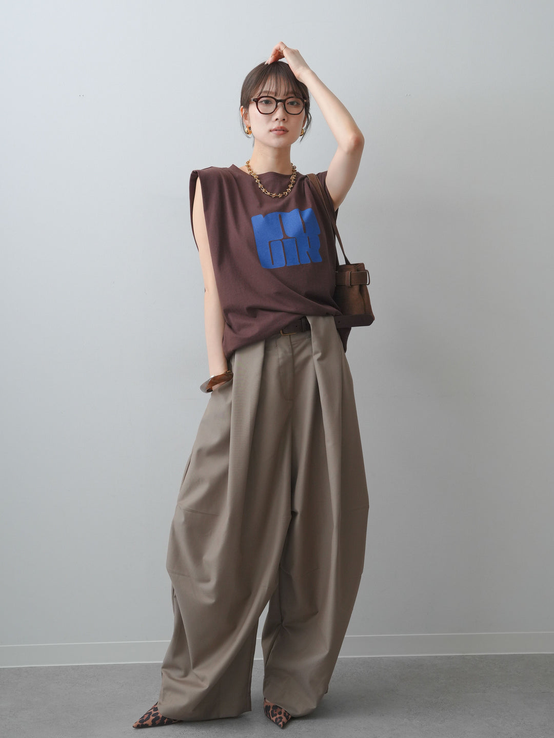 [SET]ワイドネックプリントTEE+ショルダータックノースリーブオーバーTEE(2set)
