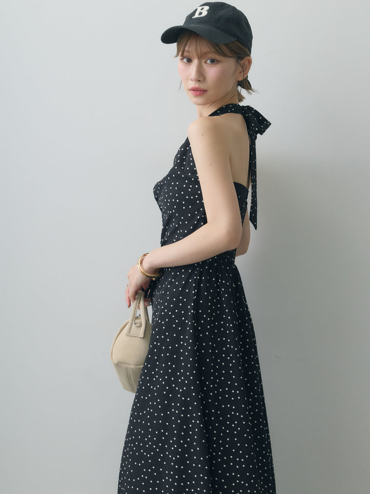 [SET]ホルターネックドット柄シャーリングデザインワンピース+選べるアクセセット(2set)