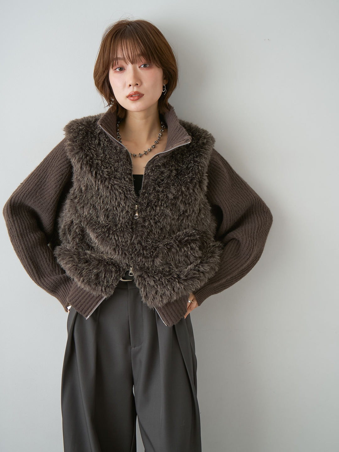 [SET]ファーコンビニットブルゾン+ファーコンビニットブルゾン(2set)