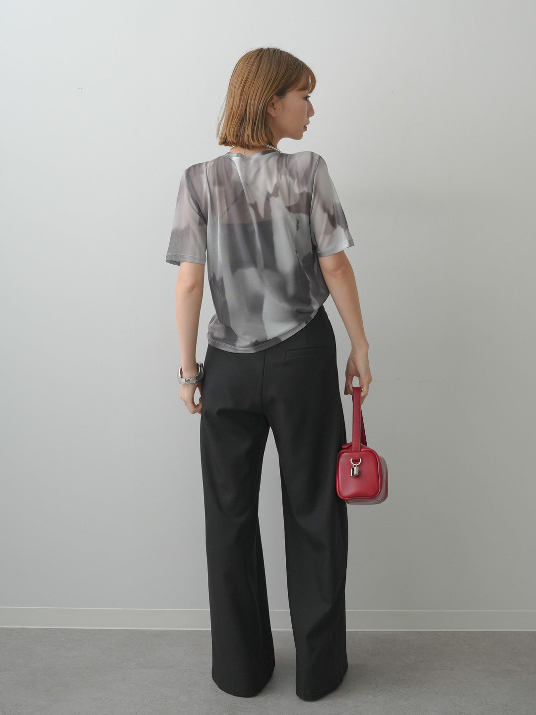[SET]水彩アートシアーTシャツ+アシンメトリーベルトタックワイドパンツ(2set)