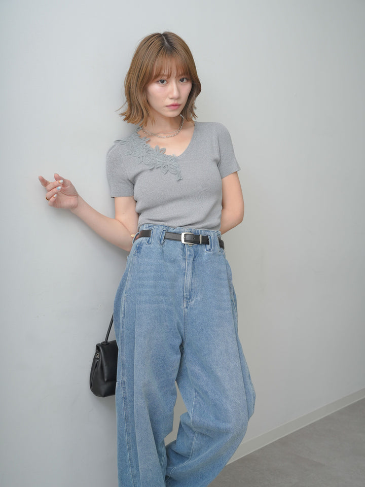 [SET]アシメフラワーレースVネック半袖ニットトップス+ハイウエストベルトループデザインデニムパンツ(2set)