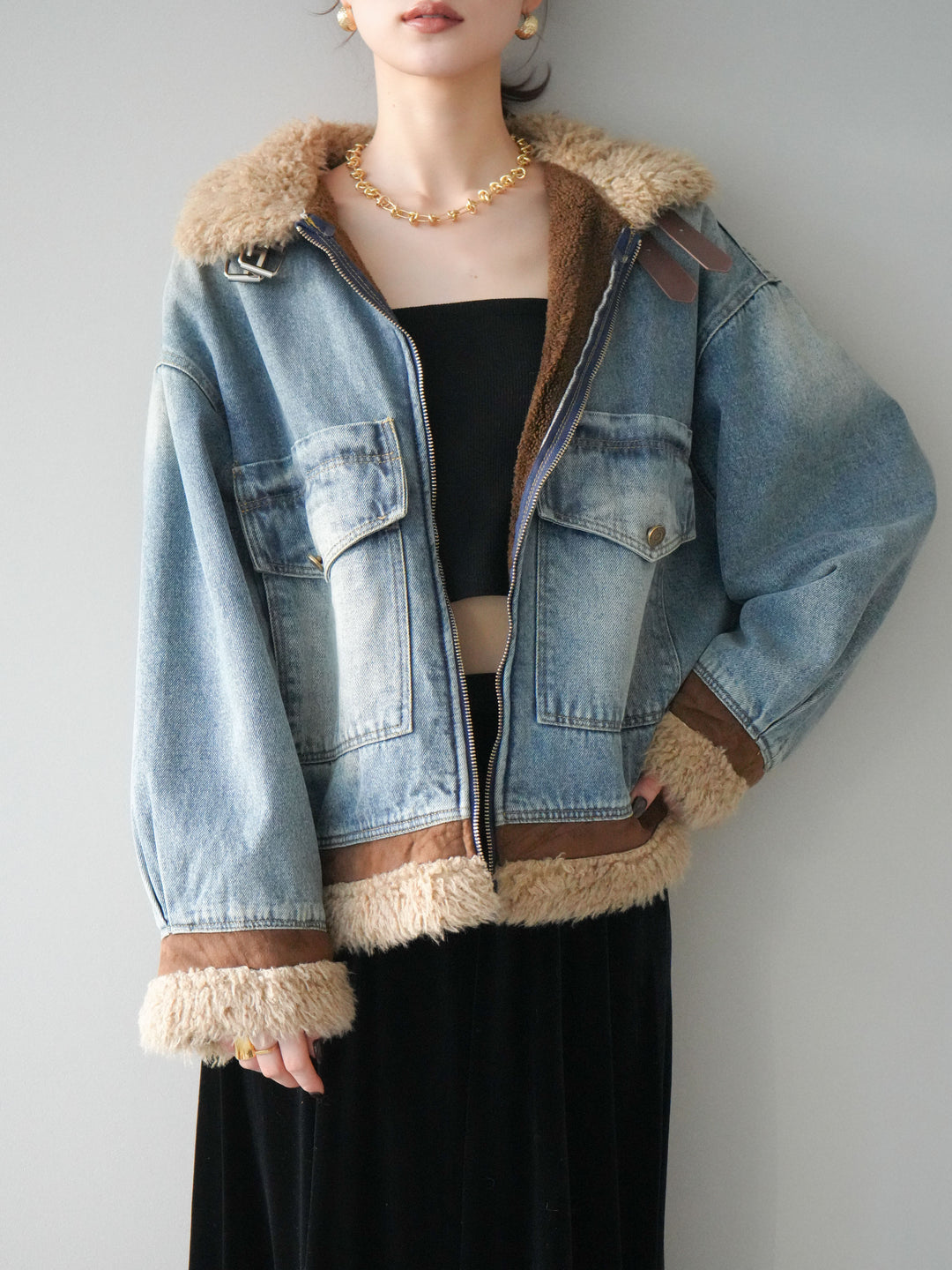 [予約]スタンドカラーファー×デニムジャケット/lightblue