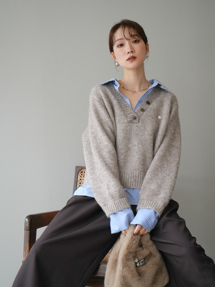 [SET]ストライプシャツドッキングMIXヤーンニットプルオーバー+ベルトループデザインワイドパンツ(2set)