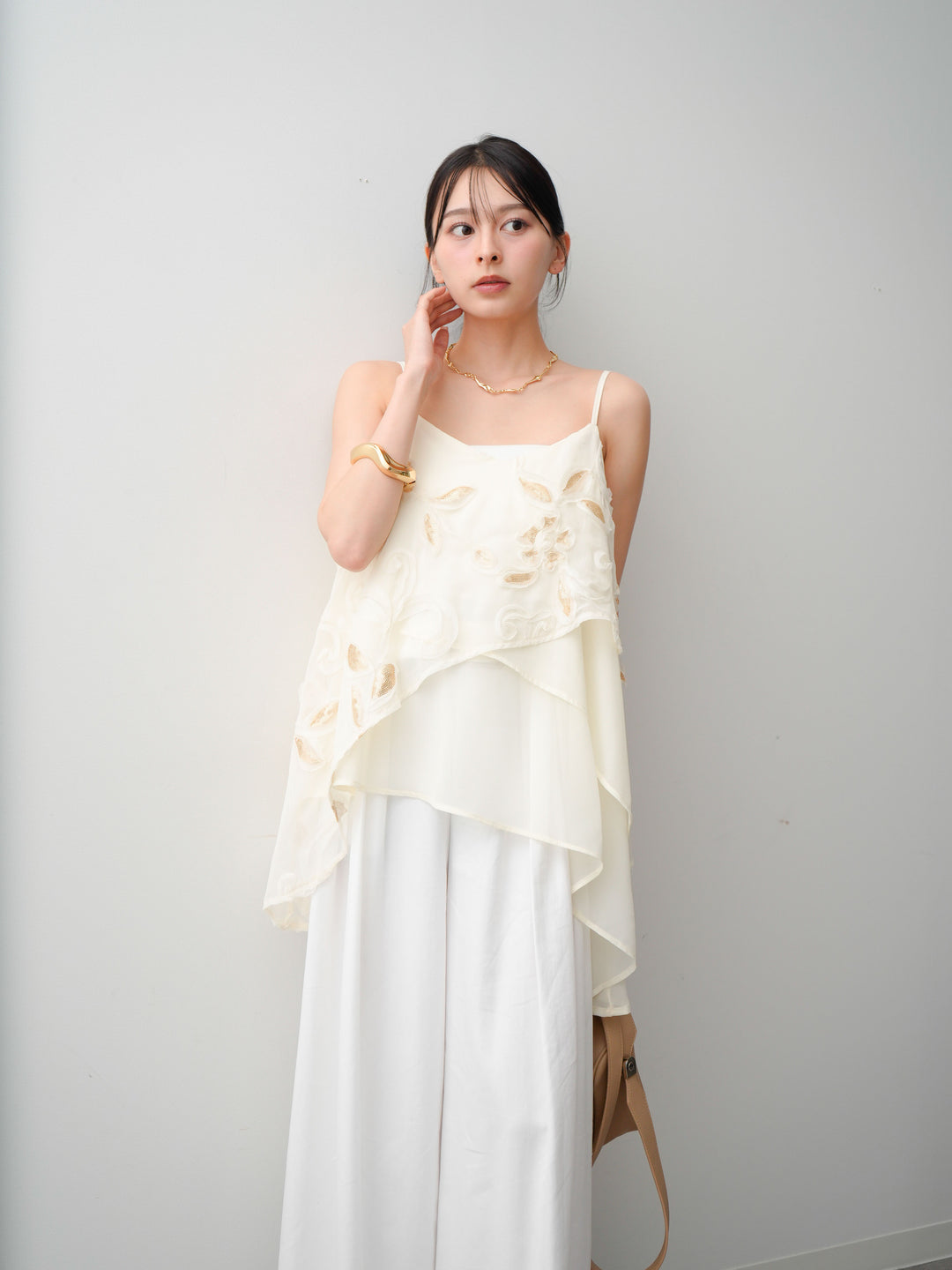 [SET]スパンコールモチーフシフォンキャミソール+ベルト付デザインループワイドパンツ(2set)