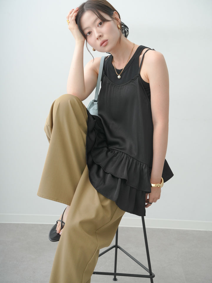[SET]サテンティアードチュニックキャミソール+カップ付アメスリタンクトップ+クレープデシンタックワイドパンツ(3set)