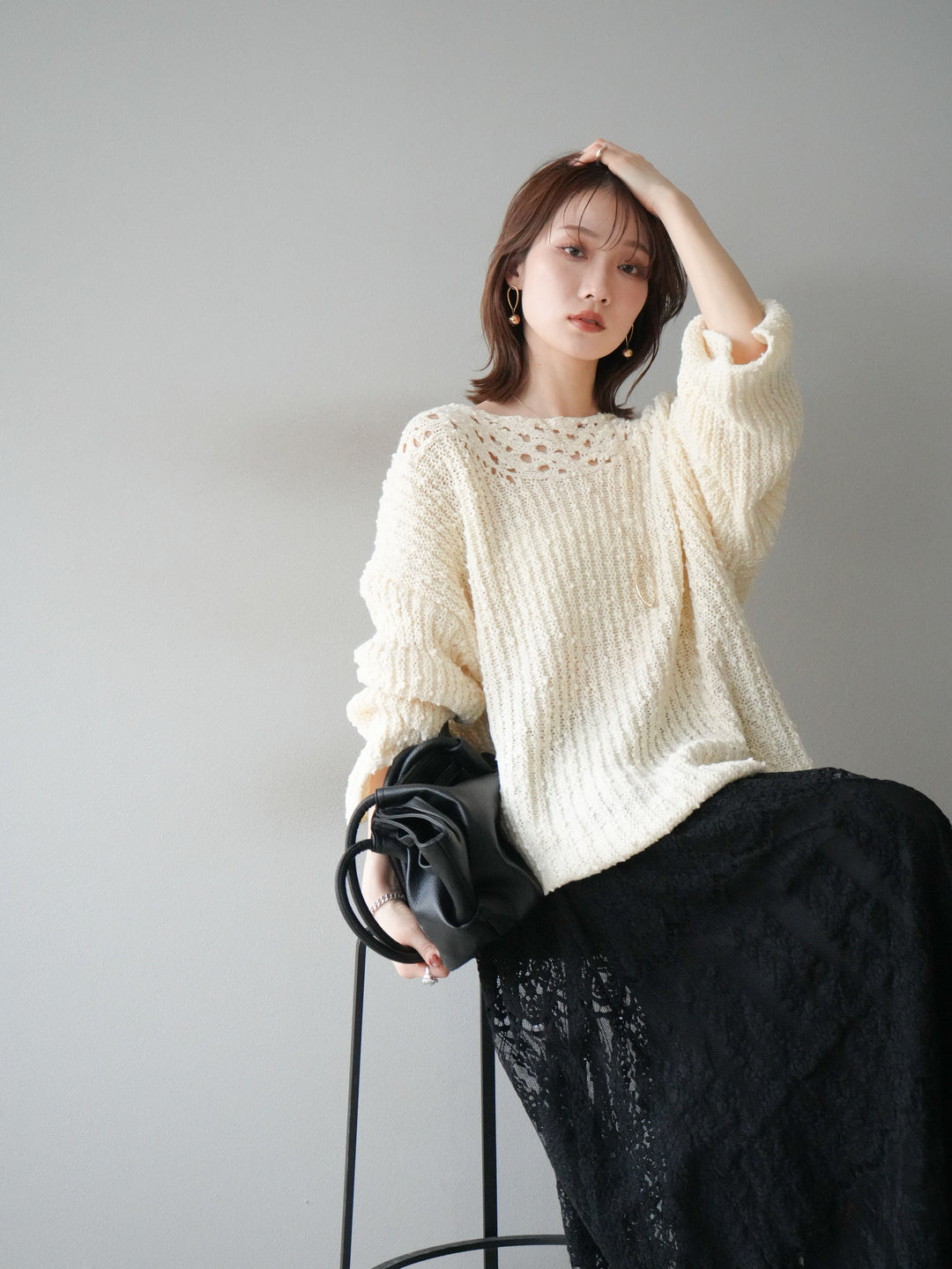 [予約]ボートネック透かし編みニットプルオーバー/white