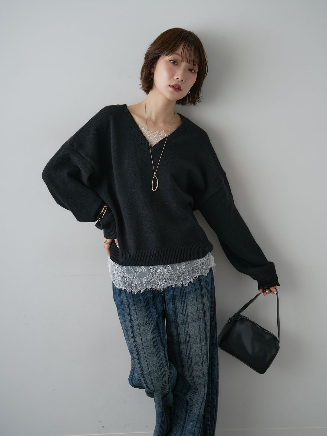 [SET]アルパカタッチレースドッキングVネックニットトップス+選べるアクセセット(2set)