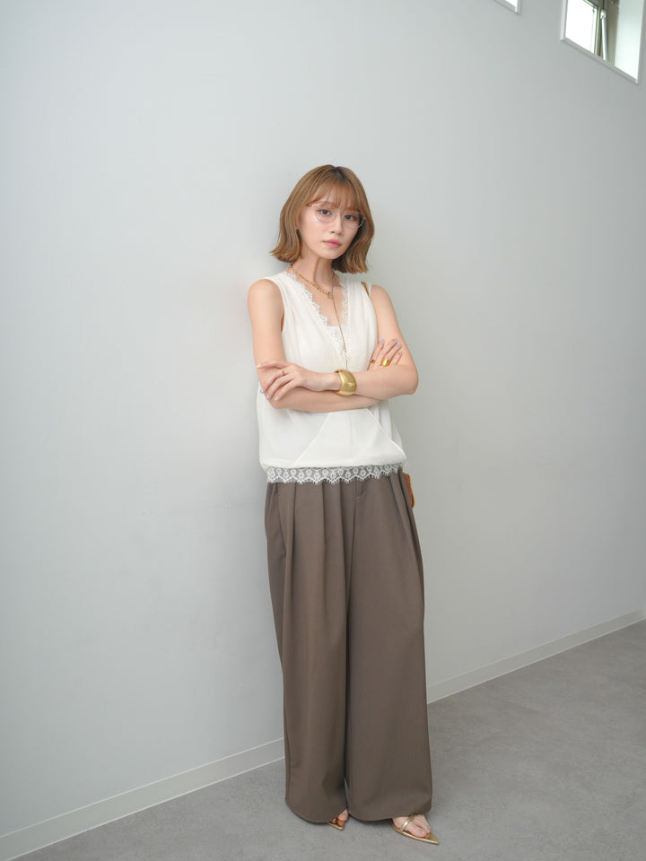 [SET]シフォンレースレイヤードノースリブラウス+クレープデシンタックワイドパンツ(2set)