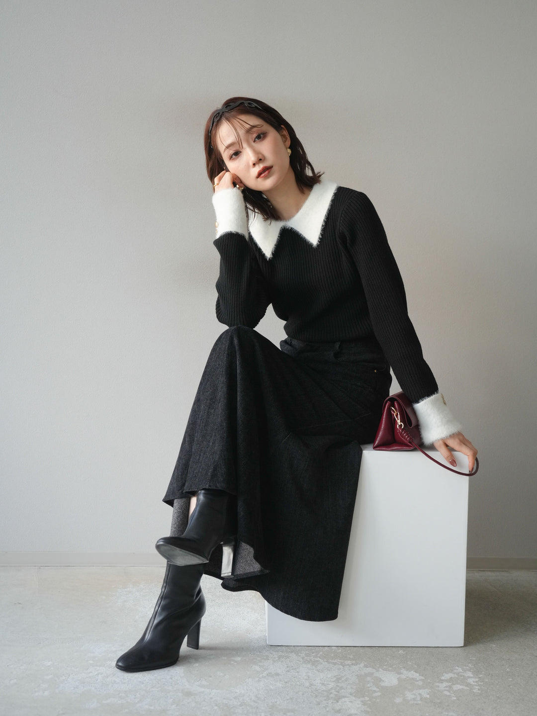 [SET]シャギー襟リブニットトップス+ベルベットマーメイドスカート(2set)