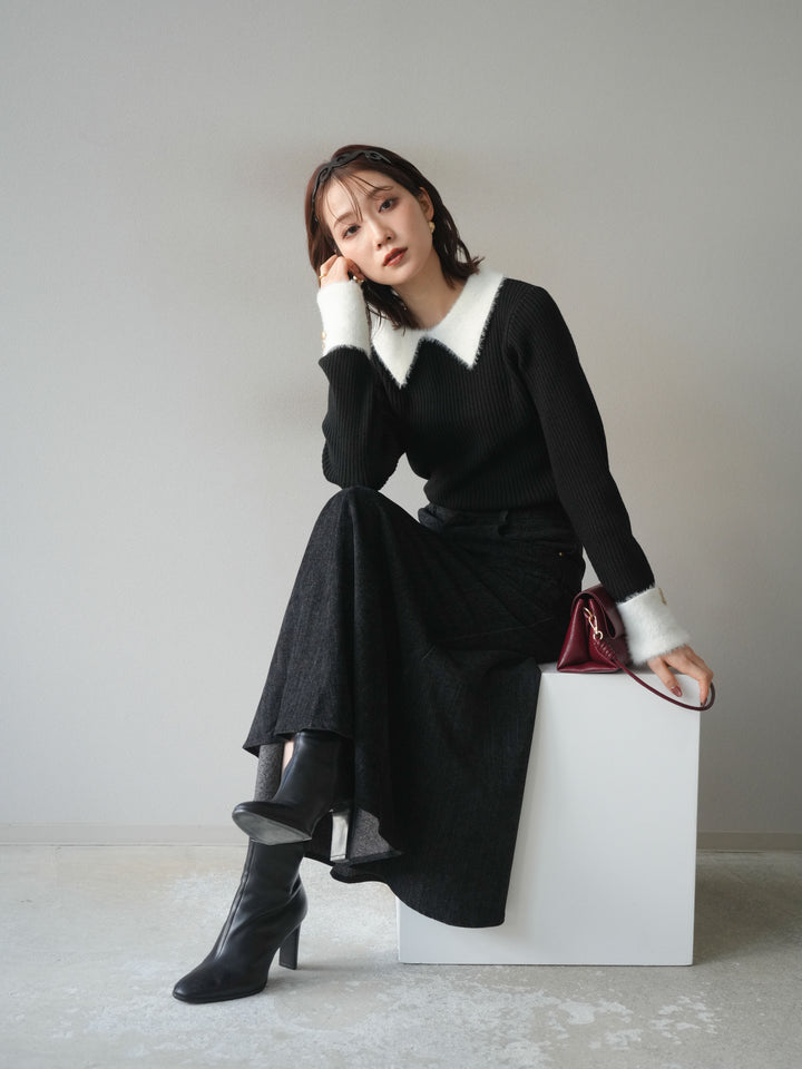 [SET]シャギー襟リブニットトップス+ベルベットマーメイドスカート(2set)