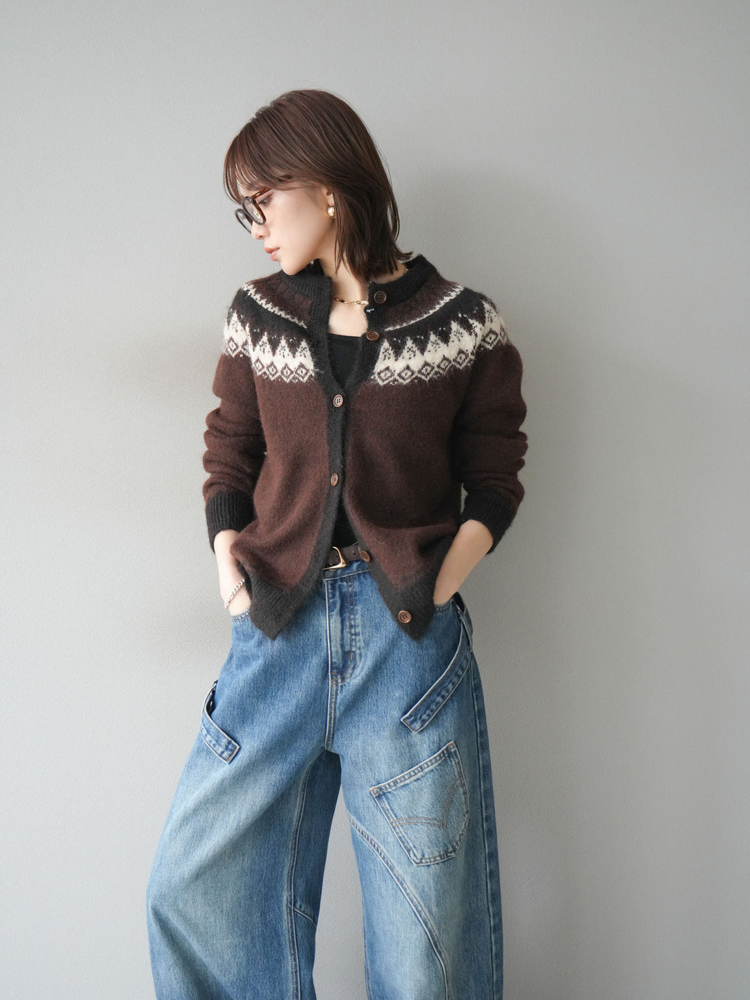 [SET]ノルディック柄ニットカーディガン+ペインターカーブデニムパンツ(2set)